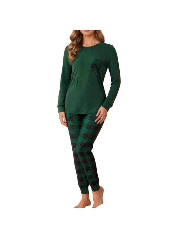 Christmas Classic Checkered 2 Piece Pajama Sets for Women Crew Neck Long Sleeve Pullover Top with Pocket and Elastic Waistband Pants Loungewear