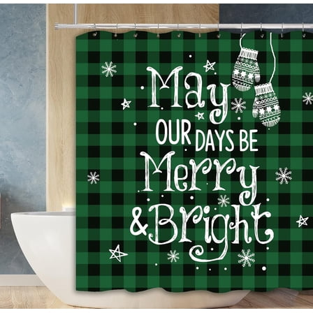 Christmas Classic Green Buffalo Plaid Shower Curtain, Winter May Your Days Be Merry and Bright Bathroom Shower Curtain Sets Decoration 71 x 71 Inch with Hooks