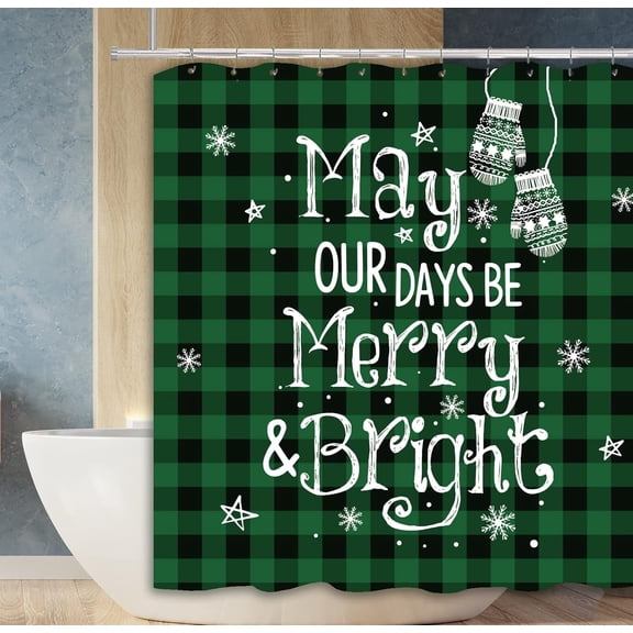 Christmas Classic Green Buffalo Plaid Shower Curtain, Winter May Your Days Be Merry and Bright Bathroom Shower Curtain Sets Decoration 71 x 71 Inch with Hooks