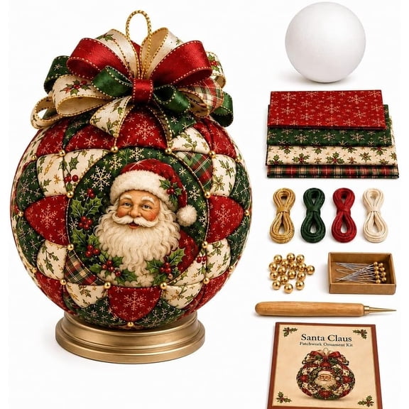 Christmas Classics Patchwork Ornament DIY Kit, Beginner-Friendly Quilted Fabric Craft Set for Adults, Santa Claus Handmade Holiday Decoration with Display Base