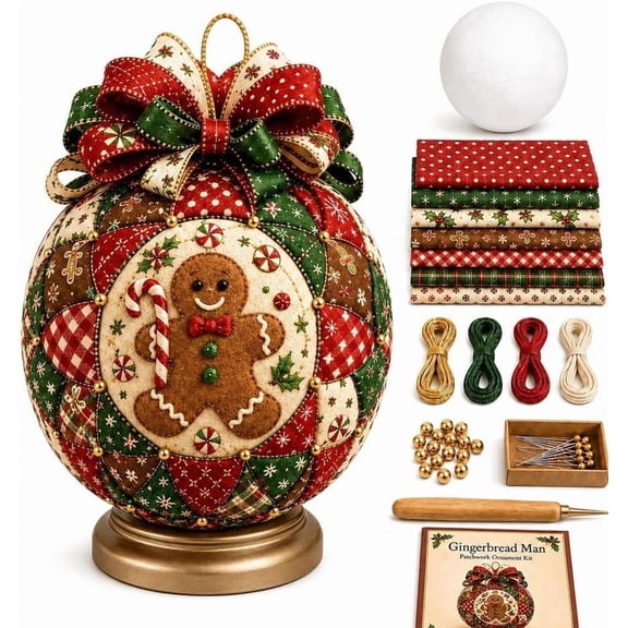 Christmas Classics Patchwork Ornament DIY Kit, Holiday Decorations, Felt Handmade Set for Adults Beginner Friendly Sewing Craft Embroidered Quilted Fabric Wall Hanging