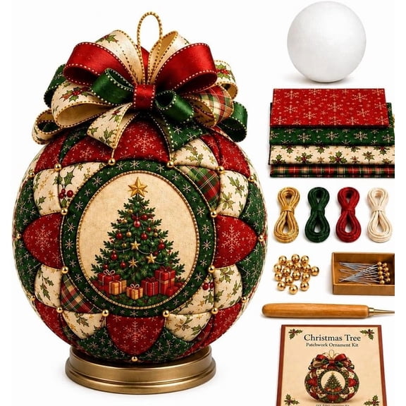 Christmas Classics Patchwork Ornament DIY Kit, Holiday Decorations, Felt Handmade Set for Adults Beginner Friendly Sewing Craft Embroidered Quilted Fabric Wall Hanging