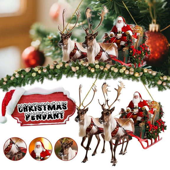 Christmas Claus And Sleigh Reindeer Hanging Decorations For Holiday Season, 2D Flat Acrylic Reindeer Sleigh Santa Design With Porch Decoration, Festive Season Holiday Tree Porch