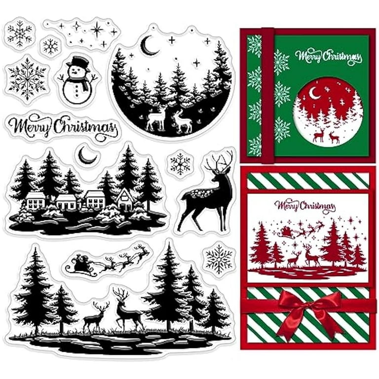 Christmas Clear Rubber Stamps Winter House Forest Snowflake Elk Snowman Sleigh Holiday Transparent Silicone Seals Stamp Xmas Journaling Card Making