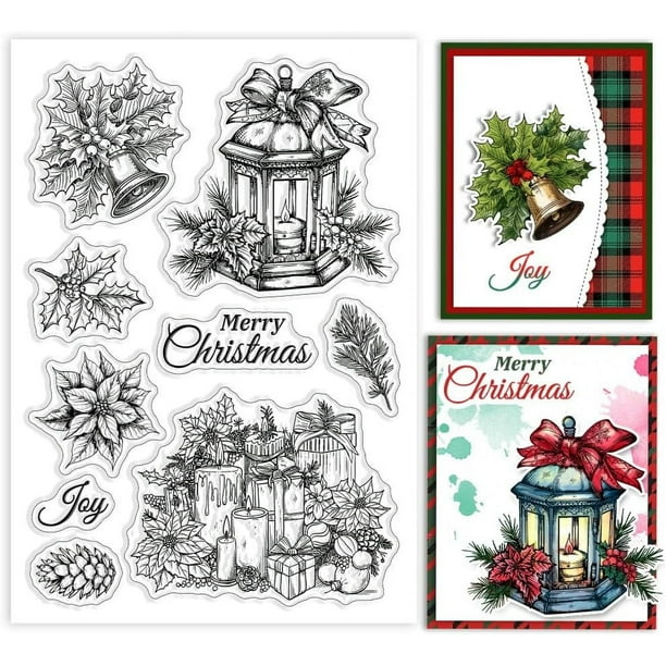 Christmas Clear Silicone Stamps for DIY Card Making Christmas Candles Silicone Transparent Seal Poinsettia Bell Strobile Decorative Clear Stamps for Scrapbooking Album Journal Decoration DIY