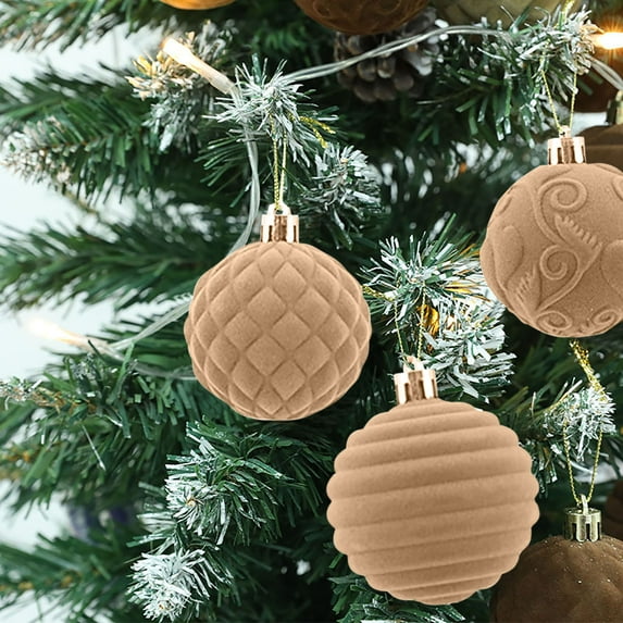 Christmas Clearance, 12-Piece Flocked Christmas Ornament Set, Vintage Brown Decorative Balls with Metal Clasp and Hanging Rope, Christmas Outdoor Decorations
