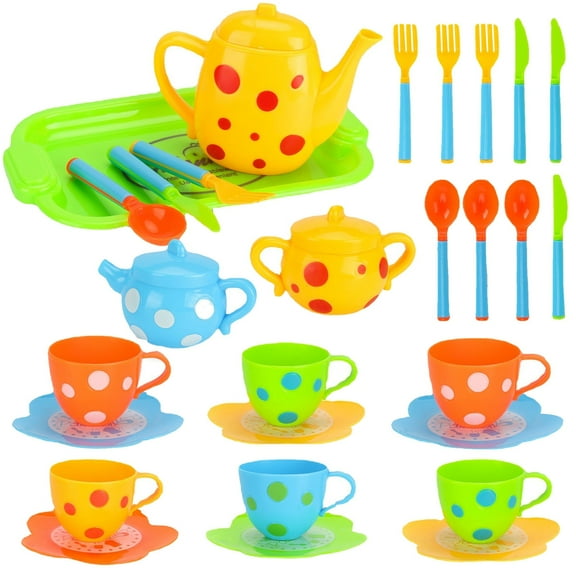 Christmas 2024! QTOCIO Toddler Toys, Pretend Play Toy Tea Set Kids Role Play Tea Toy Party Set 28pc Plastic Time Playset