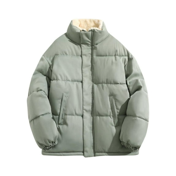 Christmas Clearance! AIEOTT Mens Fleece Puffer Jacket Button Front Full Zip Up Winter Puffer Coat Solid Color Stand Collar Casual Outerwear