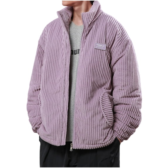 Christmas Clearance! AIEOTT Mens Quilted Bubble Puffer Corduroy Jacket Stand Collar Zip Up Long Sleeve Winter Bomber Coat Fall Ribbed Tops Outerwear