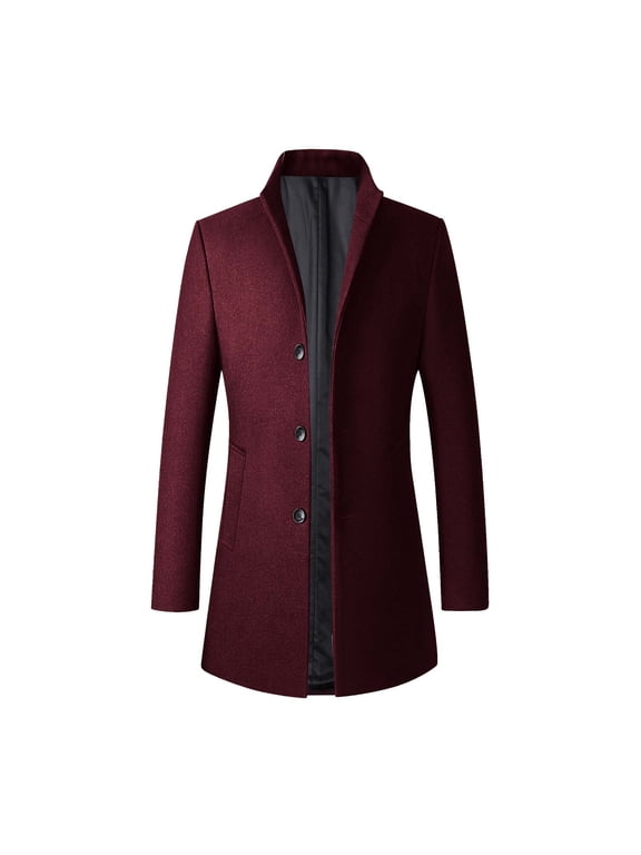 Christmas Clearance! AIEOTT Mens Stand Collar Trench Coat Mid Length Trench Coat Single Breasted Wool Coat Slim Fit Pea Coat with Pockets