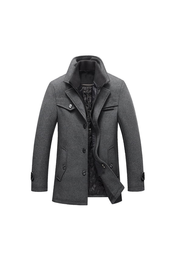 Christmas Clearance! AIEOTT Trench Coat for Men Winter Full Zip Up Jacket Solid Color Long Sleeve Jackets Stand Collar Peacoat with Pockets