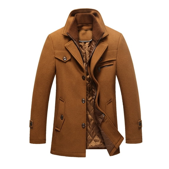 Christmas Clearance! AIEOTT Trench Coat for Men Winter Full Zip Up Jacket Solid Color Long Sleeve Jackets Stand Collar Peacoat with Pockets