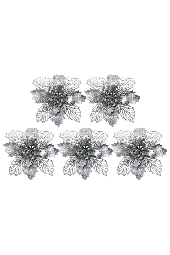 WJSXC 5PC Poinsettia Artificial Christmas Decoration Flowers with Clips, Christmas Tree Ornament Glitter Flowers for Xmas Christmas Decoration Wreath Gift Boxes Indoor Outdoor Decorations