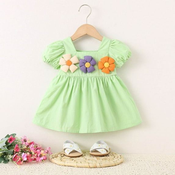 Xdegoge Toddler Floral Dress Summer Puff Short Sleeve Flowy Casual Cute Dresses 12 Month Girl Dresses Green Newborn Girl Clothes Placed By Me