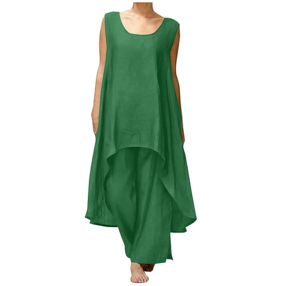 Christmas Clearance! Borniu 2 Piece Outfits For Women, Summer Fall Fashion Women Summer Round-Neck Solid Casual SLeeveless Top+ Pant Set Clearance