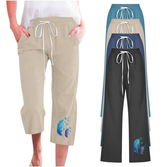 Christmas Clearance! Ohufall Capris Pants For Women, Capris For Women, Casual Summer Cotton Linen 3/4 Pants Wide Leg Capris Lightweight Baggy Cropped Lounge Trousers