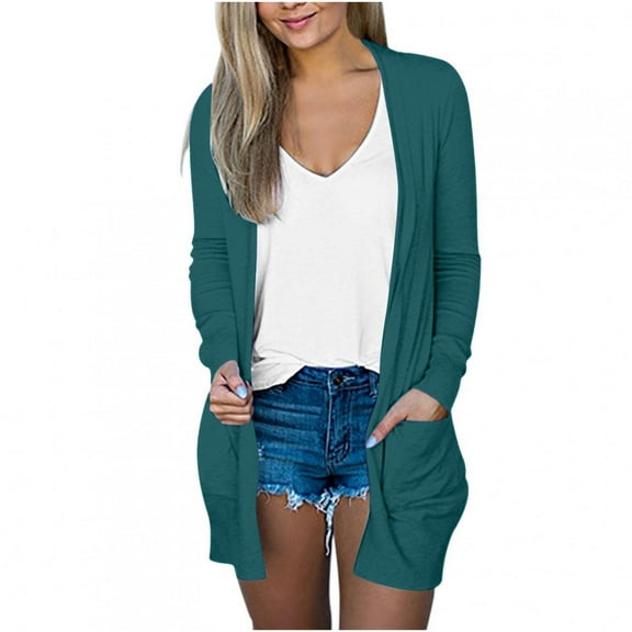 Christmas! Ohufall Cardigan For Women Solid Color Long Sleeve Casual Tops Blouse With Pocket Cardigan Cardigan Sweaters For Women