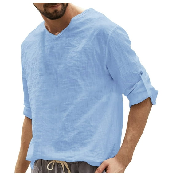 Christmas Clearance! Borniu Mens Shirts,Long Sleeve Shirts for Men,Casual Solid Color V-Neck Collar Long Sleeve Pullover Blouse Tops Clearance