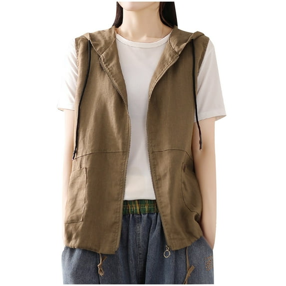Christmas Clearance! Ohufall Womens Fall Winter Clothes Hooded Linen Cardigan Casual Loose Stitching Sleeveless Vest Short Jacket Clearance