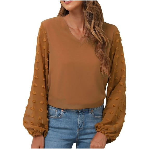 Christmas! Ohufall Womens Tops, Women's Fashion Casual Solid Color Long Sleeved Shirt With Bubble Sleeves Floral Hem Sleeve Clothing Fall Clothes