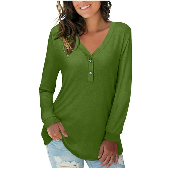 Christmas! Ohufall Womens Tops, Women's Solid Color V-Neck Button Causal Long Sleeve Tops Blouse Loose Fall Clothes