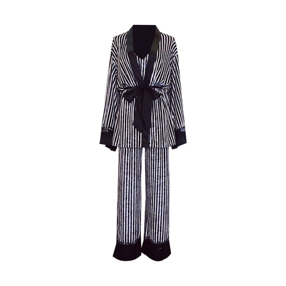 Christmas!! Ohufall Pajamas for Women, Women's Belt Striped Winter Home Wear Sexy Lace Pajamas Three-Piece Suit M-XL