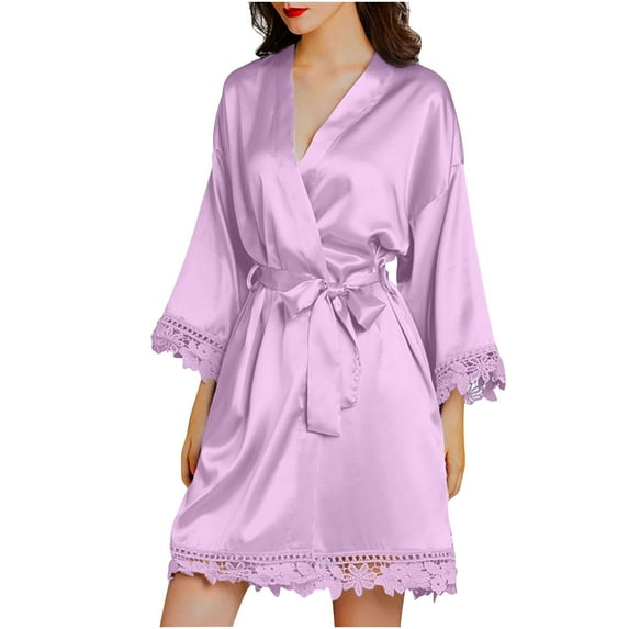Christmas Clearance! Clearance! Ohufall Pajamas for Women, Women's Casual Homewear Long-Sleeve V-Neck Dress Solid Color Lace Night-Robe One Size