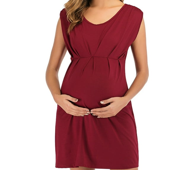 Christmas! Ohufall Dress Ladies Fashion Solid Color Pleated Cotton Round Neck Sleeveless Clothe Dress