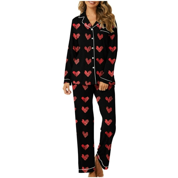 Iyufng Womens Pajama Sets Long Sleeve,Valentine's Day Pajama Sets for Women Plus Size Sleepwear,Womens Plus Loungewear with Pockets V-Neck Valentines Love Heart Pjs S-XXXL