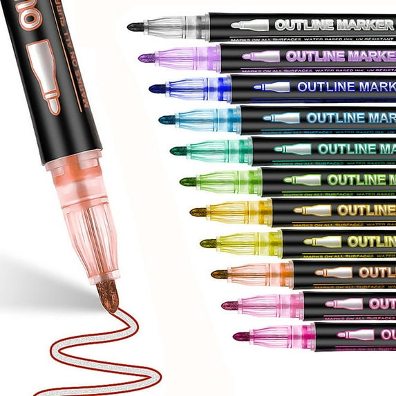 Double Line Outline Marker Pens - Versatile Glitter Pens for Highlighting, Painting, and Guest Books - 8ml Water-Based Ink in Vibrant Colors - Perfect for Metal, Glass, Wood, and