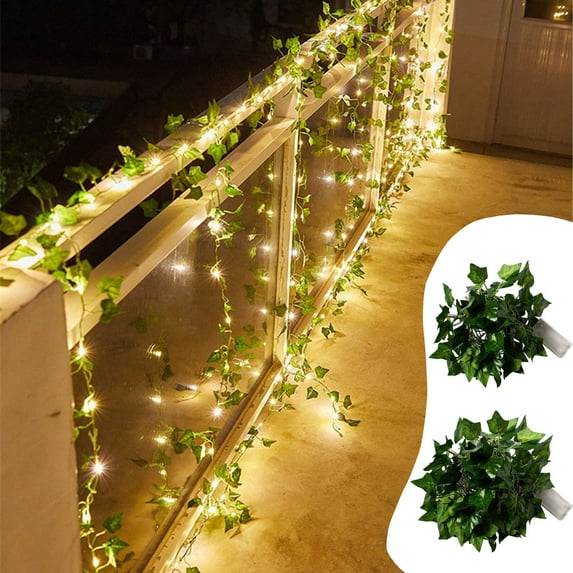 Faux Green Leaves Rattan LED String Lights - 78.7in & 157.5in Lengths with 20 & 50 Light Beads - Perfect for Christmas, Outdoor Patio, and Party Decorations - Battery Operated (2