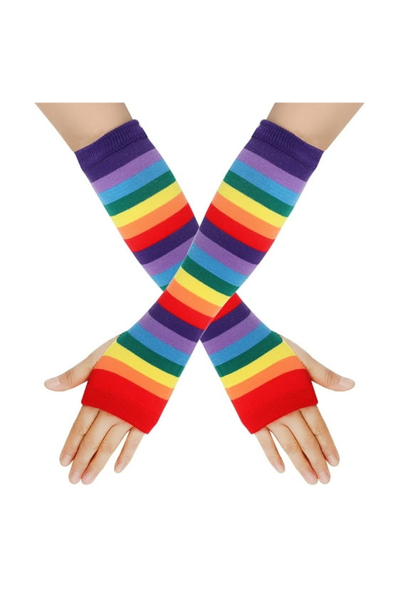 Christmas Clearance! Feledorashia Womens Rainbow Kintted Gloves Winter Wrist Arm Warmer Knitted Long Fingerless Gloves,11.81x3.54inch