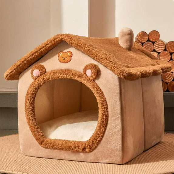 Foldable Soft Indoor Dog & Cat House: Cozy Plush Kennel Bed with Cushion, Non-Slip Bottom, Washable Cover - Provides Safe, Private Space for Small to Medium Pets up to 31 lbs - Br