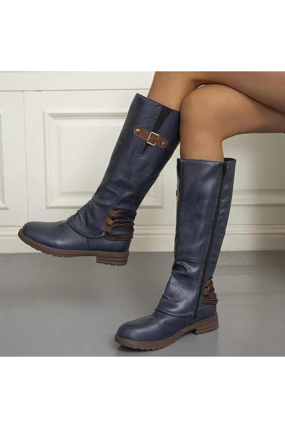 Christmas Clearance! Juebong Women Fashion Shoes Retro Western Boots Casual Warm Low Heels Mid-Calf Boots