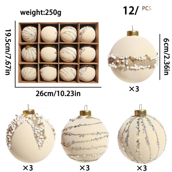 Christmas Decorations,Christmas Balls , Flocked and Beaded,High-End Hanging Ornaments,Holiday Decor for Christmas Tree Thanksgiving Party Decoration,12-Pack,Beige