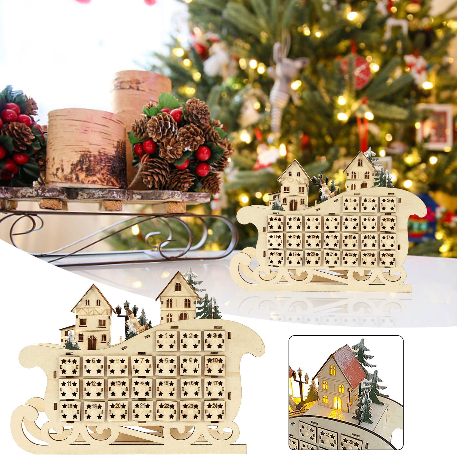 Christmas Clearance Santa Sleigh Shape Christmas Wooden Advent