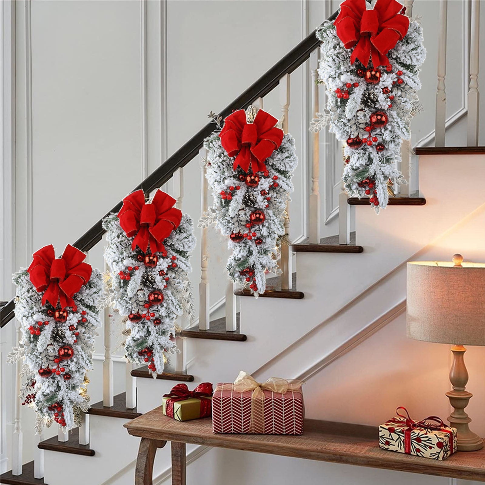 Christmas Clearance!TOPRenddon 1pc Wreath Front Door Decorations For Christmas, Wreath Decorations Front Door Stair Decorations, Mantel Decorations, Stair Rail Decorations (red)