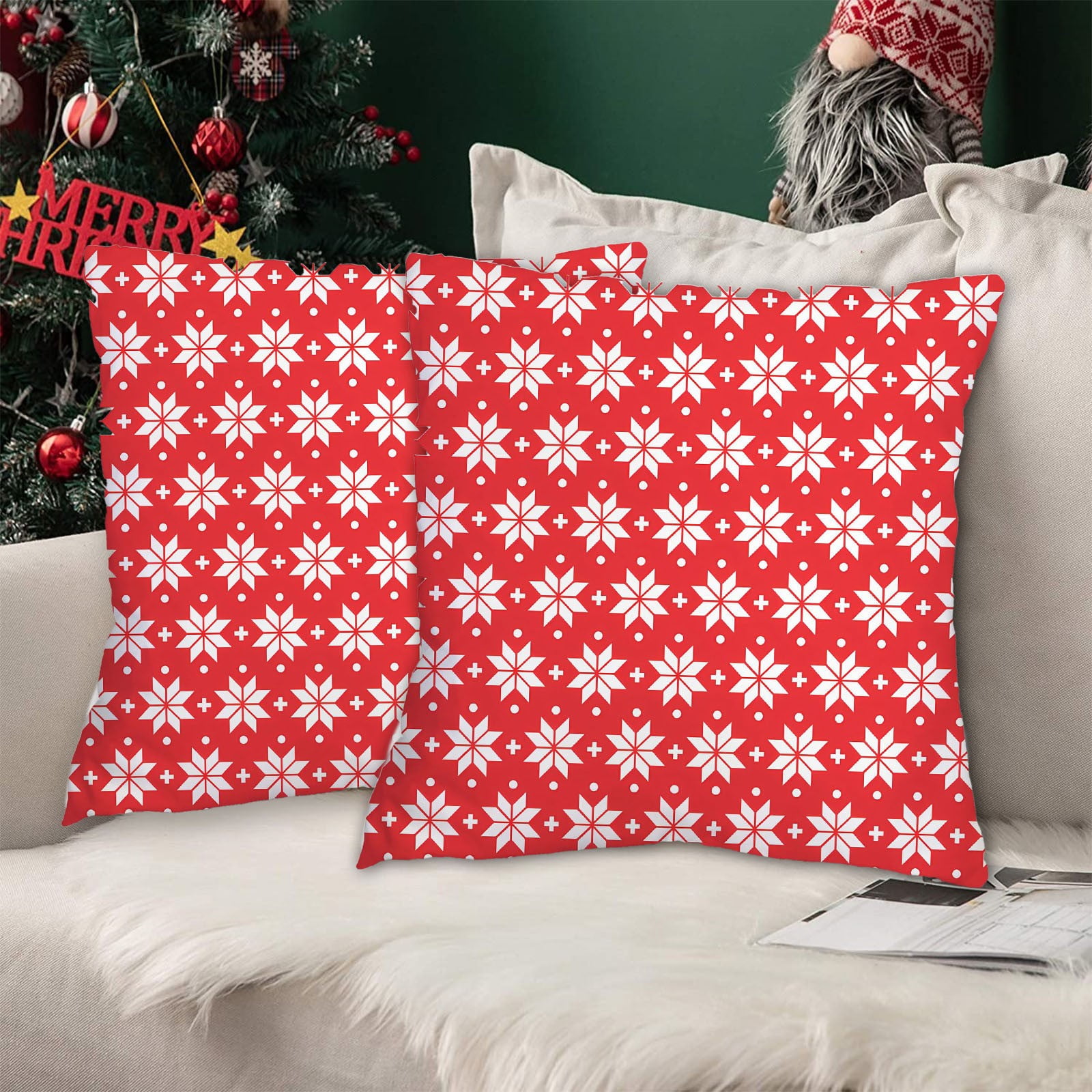 Red Snowflake Polyester Euro Throw Pillow Covers, Set of 2