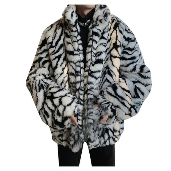 ZVNAΖH Men's Faux Fur Coat Winter Warm Lapel Overcoat Zip Front Luxury Fluffy Outwear Leopard Print Coat with Pockets