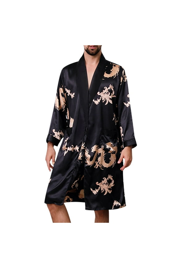 ZVNAΖH Men's Long Sleeve Satin Robe Dragon Print Lightweight Bathrobe Pajamas, Gifts for Men, Loungewear Set
