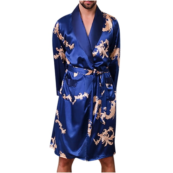 ZVNAΖH Men's Long Sleeve Satin Robe Dragon Print Lightweight Bathrobe Pajamas, Gifts for Men, Loungewear Set