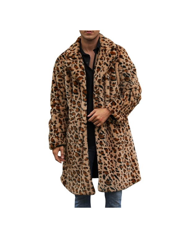 ZVNAΖH Men's Luxury Faux Fur Coat Jacket Winter Warm Long Coats Overwear Leopard Turn Down Collar Outerwear