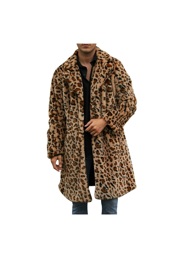 ZVNAΖH Men's Luxury Faux Fur Coat Jacket Winter Warm Long Coats Overwear Leopard Turn Down Collar Outerwear