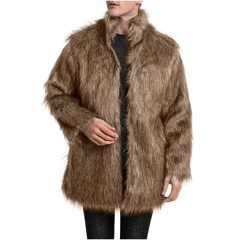 ZVNAΖH Mens Faux Fur Coat Long Winter Thicker Furry Overcoat Stand