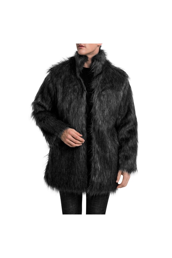 ZVNAΖH Mens Faux Fur Coat Long Winter Thicker Furry Overcoat Stand Collar Faux Fur Jacket Warm Fluffy Cardigan