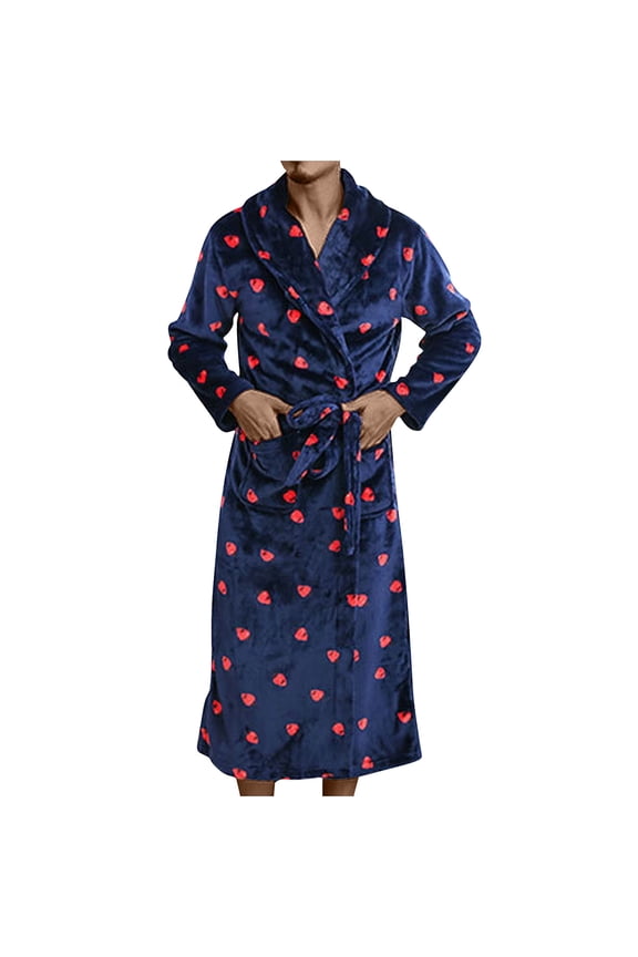 ZVNAΖH Mens Flannel Robes Knee Length Soft Warm Fleece Bathrobe Strawberries Print Thickened Plush Robe Big and Tall Bathrobe