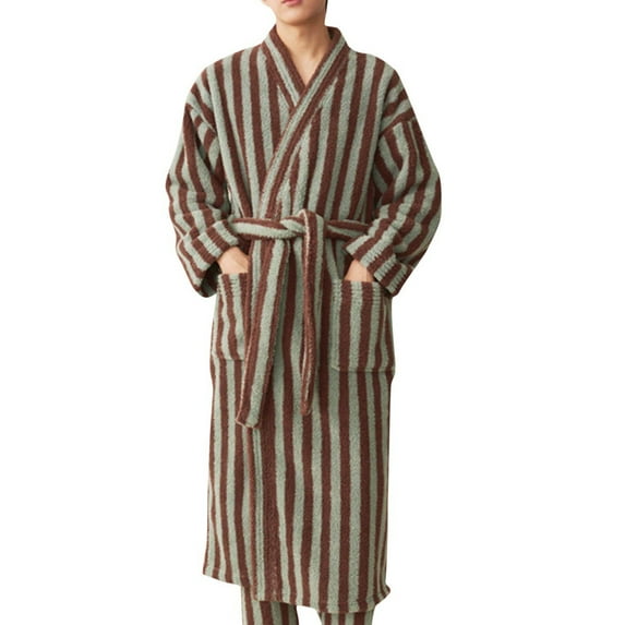 Christmas Clearance! ZVNAΖH Mens Full Length Flannel Robe, Striped Plush Fleece Robes, Shawl Collar Bathrobe Loungewear House Robes( Pants Not Included )
