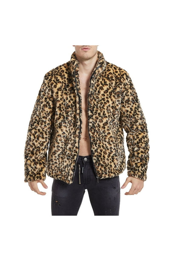 Christmas Clearance! ZVNAΖH Mens Full Zip Up Faux Fur Coat Leopard Print Fluffy Jacket Winter Warm Outerwear Stand Collar Overcoat
