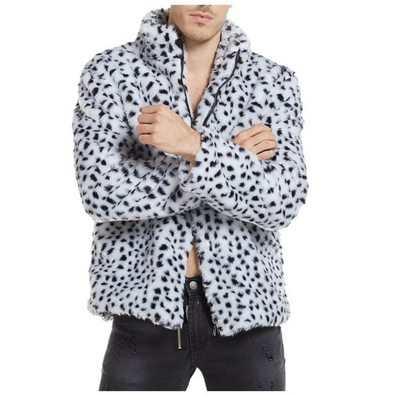Christmas Clearance! ZVNAΖH Mens Full Zip Up Faux Fur Coat Leopard Print Fluffy Jacket Winter Warm Outerwear Stand Collar Overcoat