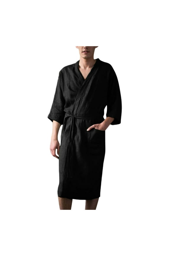 ZVNAΖH Mens Linen Cotton Robe Shawl Long Sleeve Kimono Spa Bath Robe Soft Bathrobe Pajamas Sleepwear